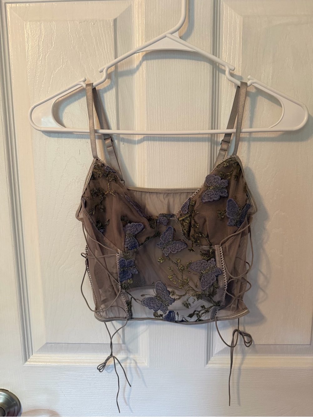 Embroidered Butterfly Sheer Crop Top - Taupe with Lavender Accents